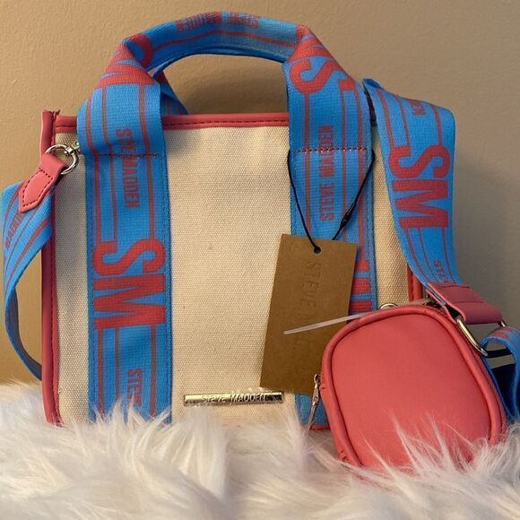 NWT NWT Steve Madden Crossbody/Canavs/Tote
w/AirPod Case - Blue & Pink - Picture 1 of 9